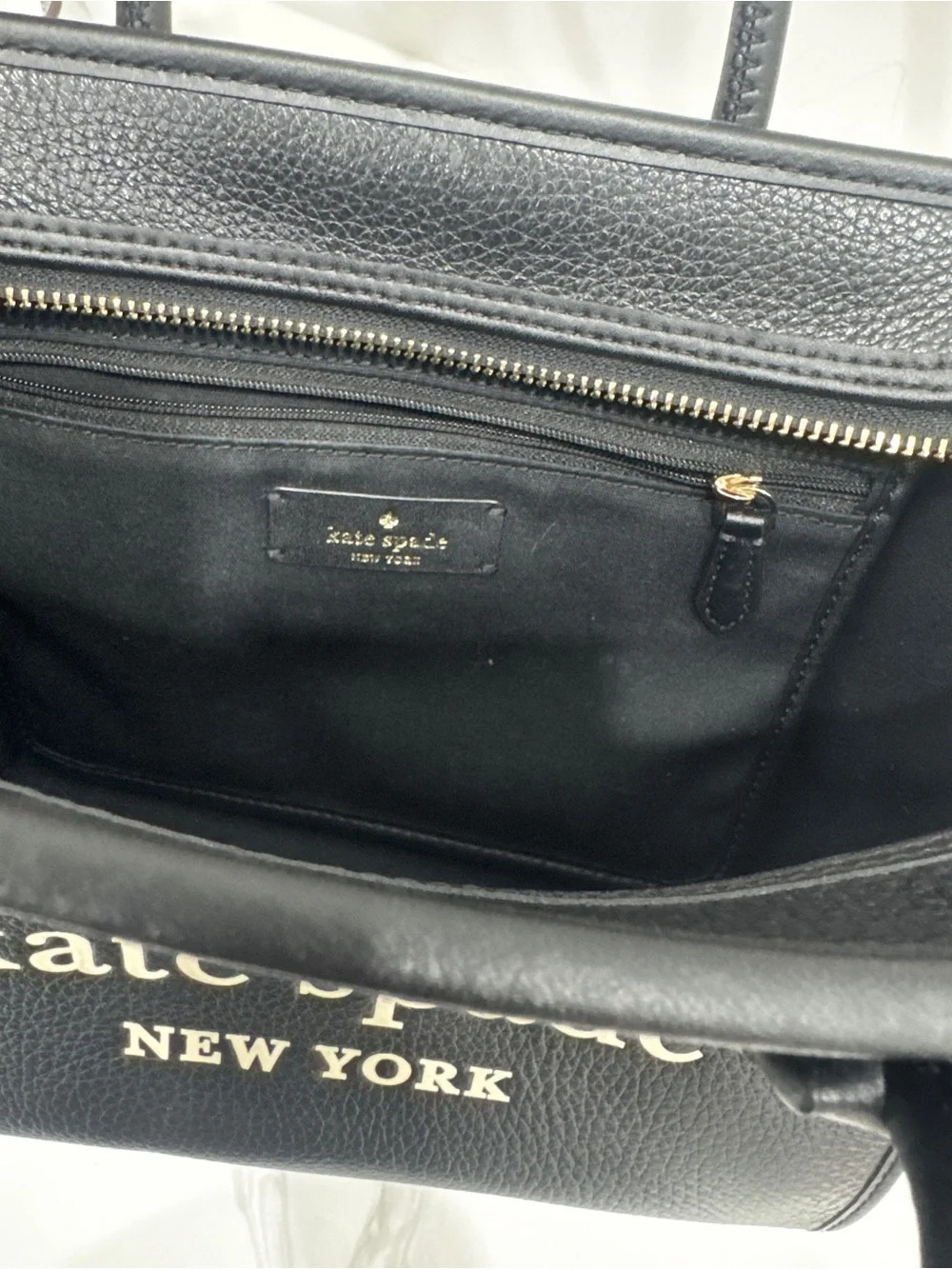 kate spade Black Leather Logo Satchel with Cream Accents